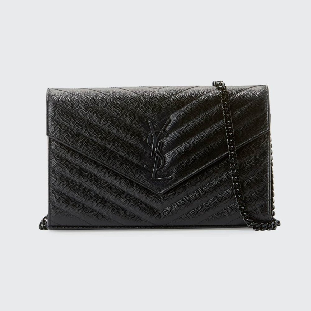 YSL Black MONOGRAM CHAIN WALLET IN GRAIN DE POUDRE